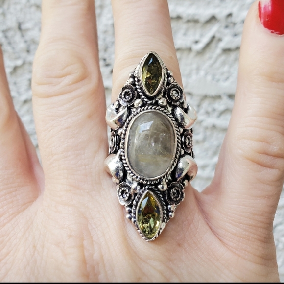 New Golden Rutile and Citrine Crescent Moon 925 Silver Statement Ring. - Picture 14 of 16